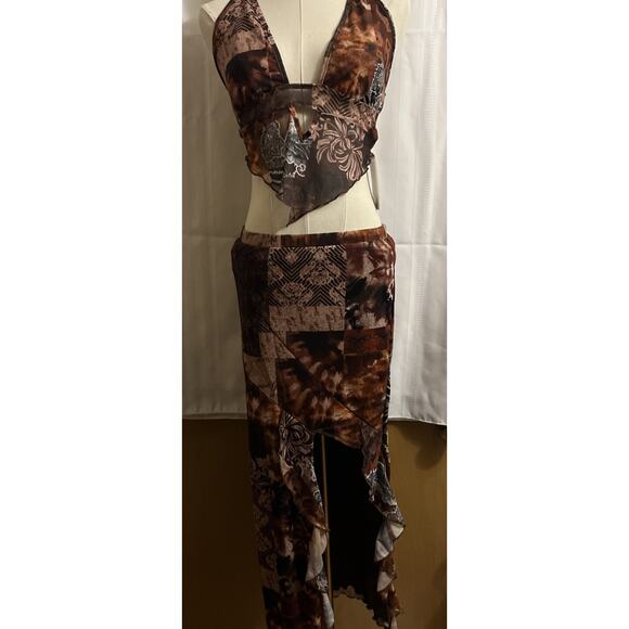 Women's 2pc Boho Western Tie Dye Backless Top & Split Thigh Skirt Outfit - Picture 14 of 16